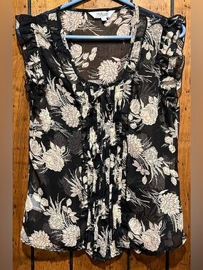 Tramp Black Sheer Blouse with Cream Floral Print, Ruffle Cap Sleeves size S